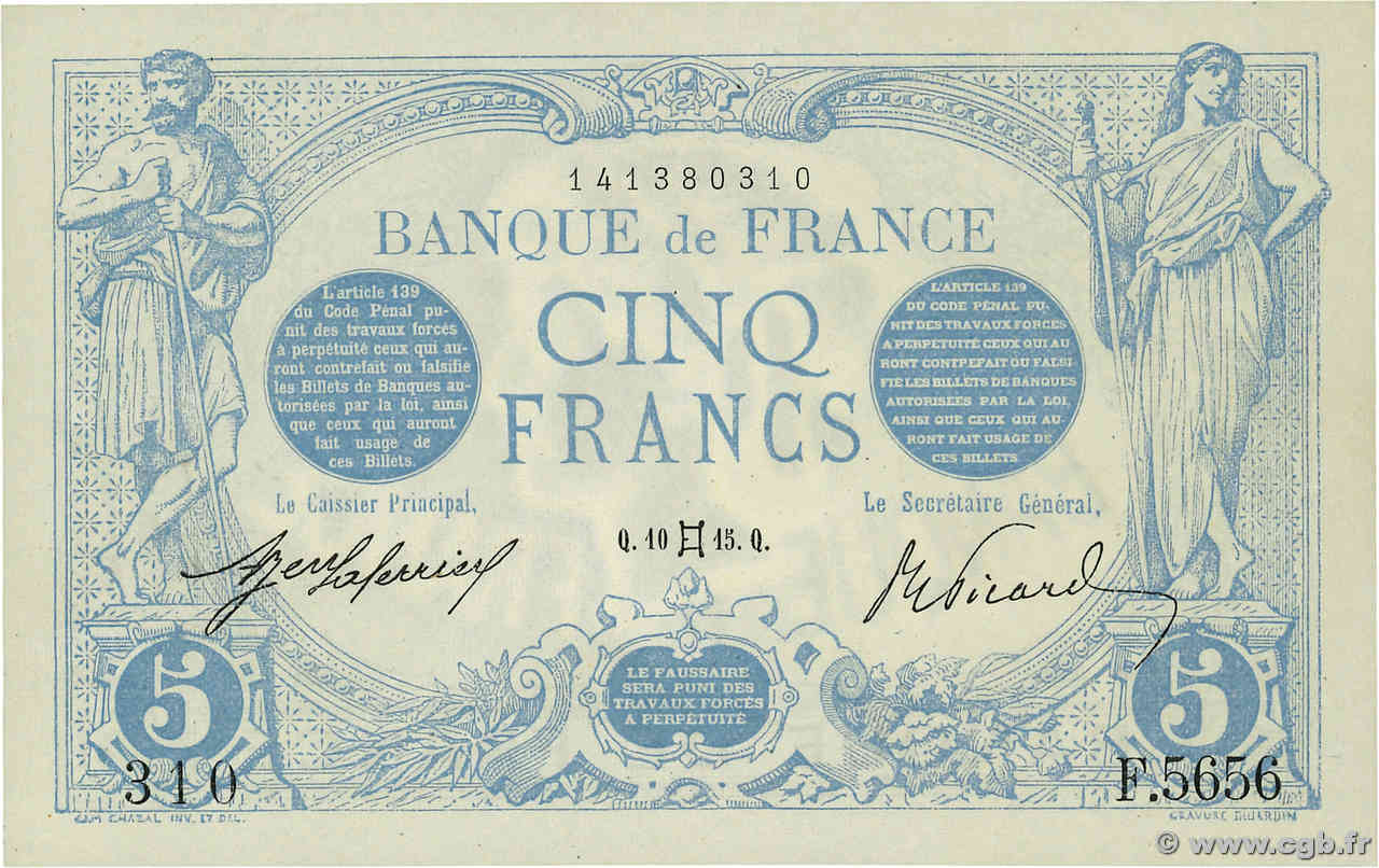 5 Francs BLEU FRANCE  1915 F.02.27 SPL+