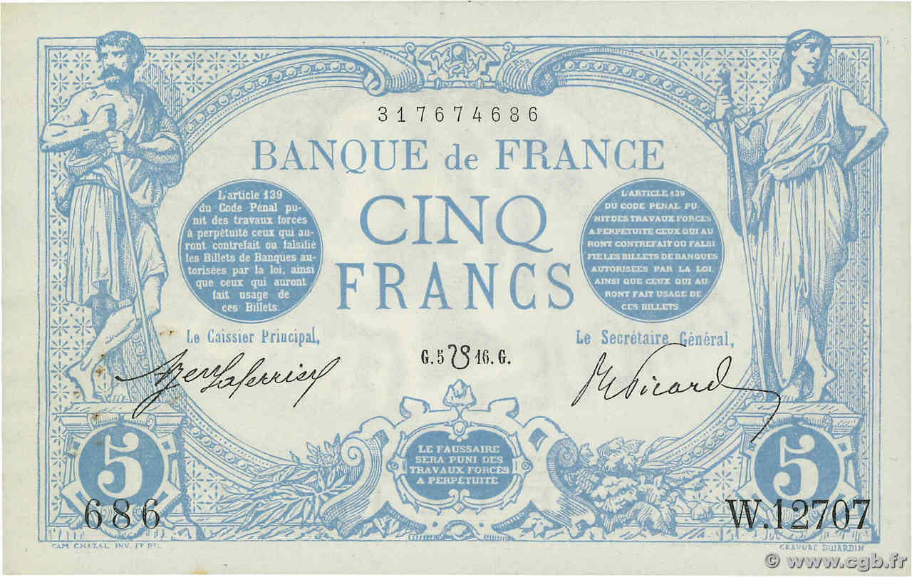 5 Francs BLEU lion inversé FRANCE  1916 F.02bis.04 XF-