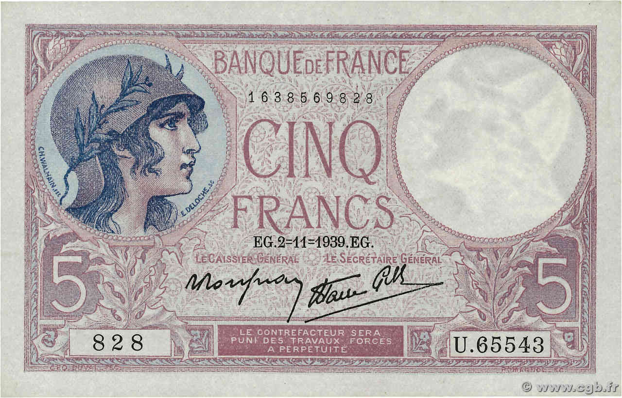 5 Francs FEMME CASQUÉE modifié FRANCE  1939 F.04.14 AU-