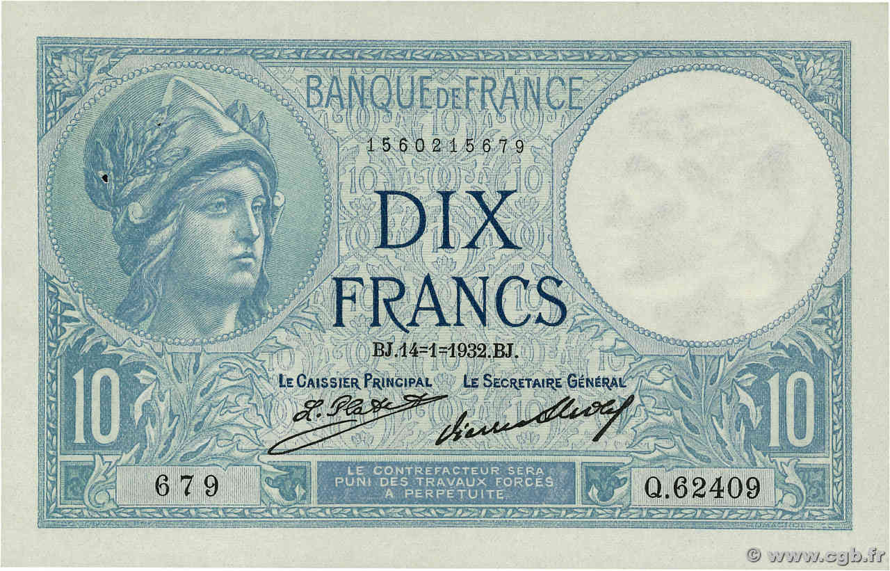 10 Francs MINERVE FRANCE  1932 F.06.16 SPL