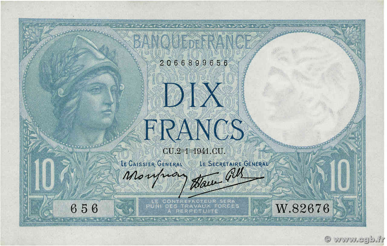 10 Francs MINERVE modifié FRANCE  1941 F.07.26 AU+