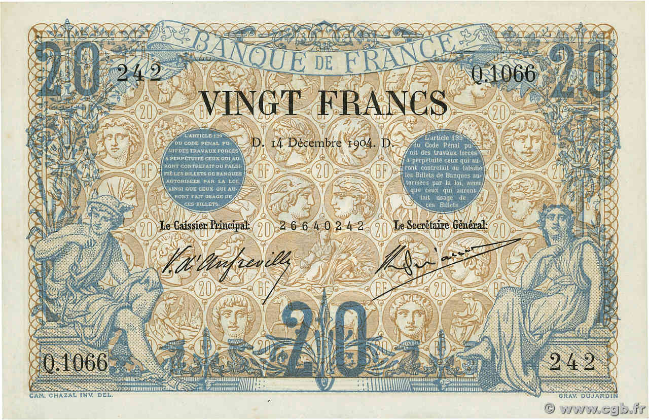 20 Francs NOIR FRANCE  1904 F.09.03 AU