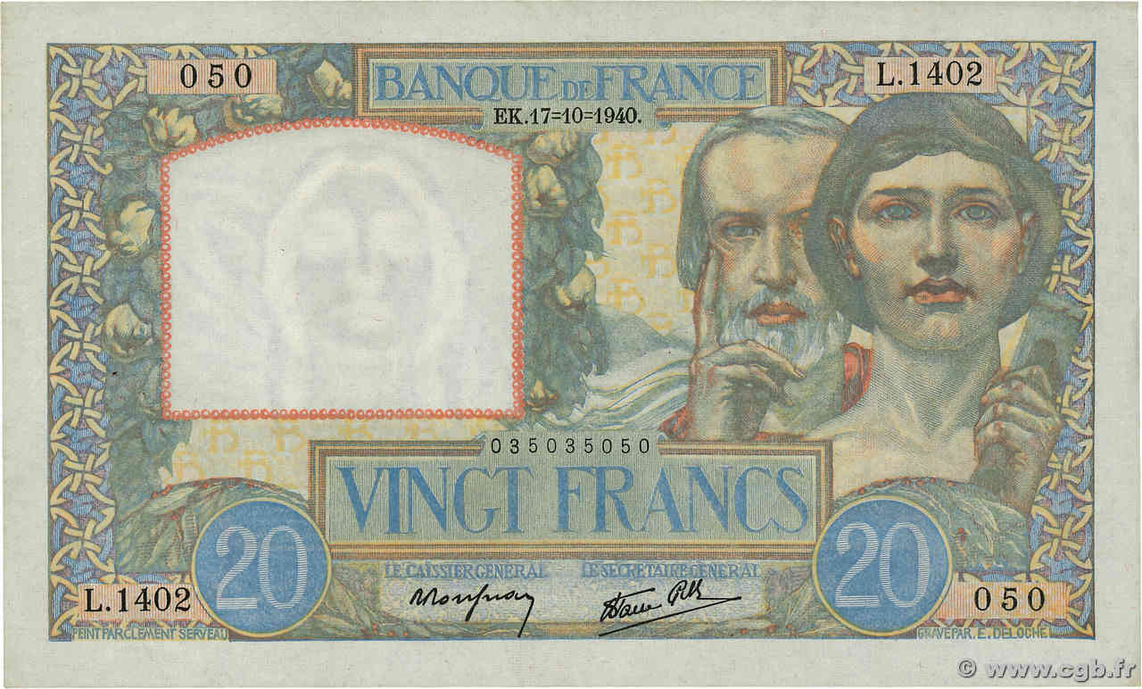 20 Francs TRAVAIL ET SCIENCE FRANCIA  1940 F.12.09 EBC+