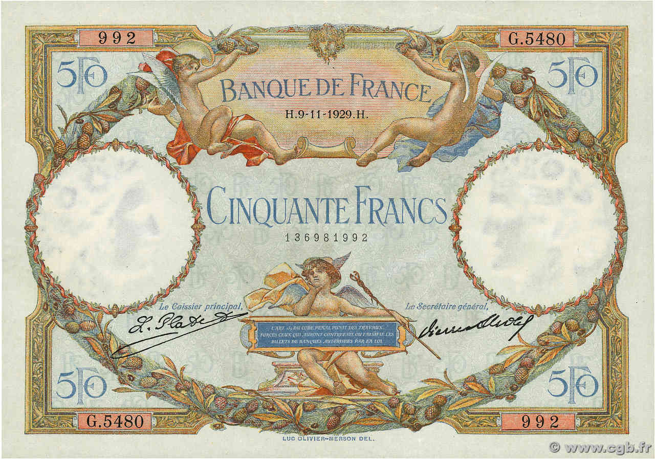 50 Francs LUC OLIVIER MERSON FRANCE  1929 F.15.03 SUP