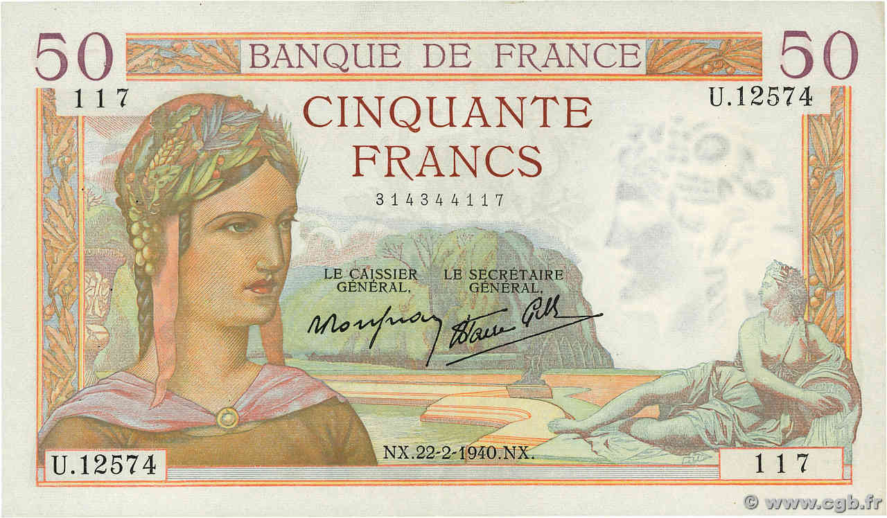 50 Francs CÉRÈS modifié FRANCE  1940 F.18.39 SUP