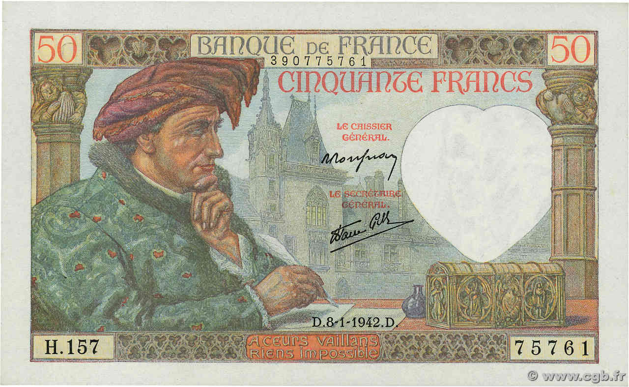 50 Francs JACQUES CŒUR FRANCE  1942 F.19.18 NEUF