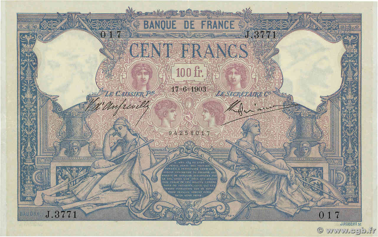 100 Francs BLEU ET ROSE FRANCE  1903 F.21.17 XF