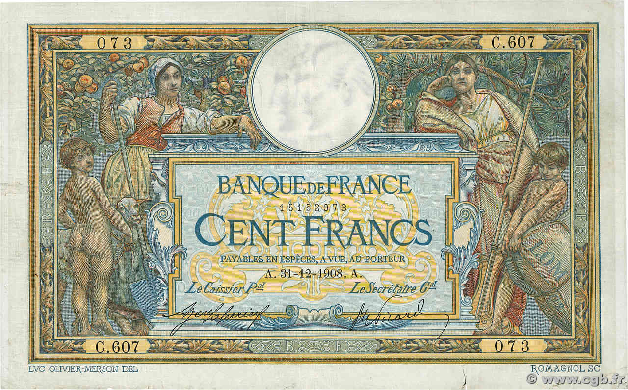 100 Francs LUC OLIVIER MERSON avec LOM FRANCE  1908 F.22.01 TB