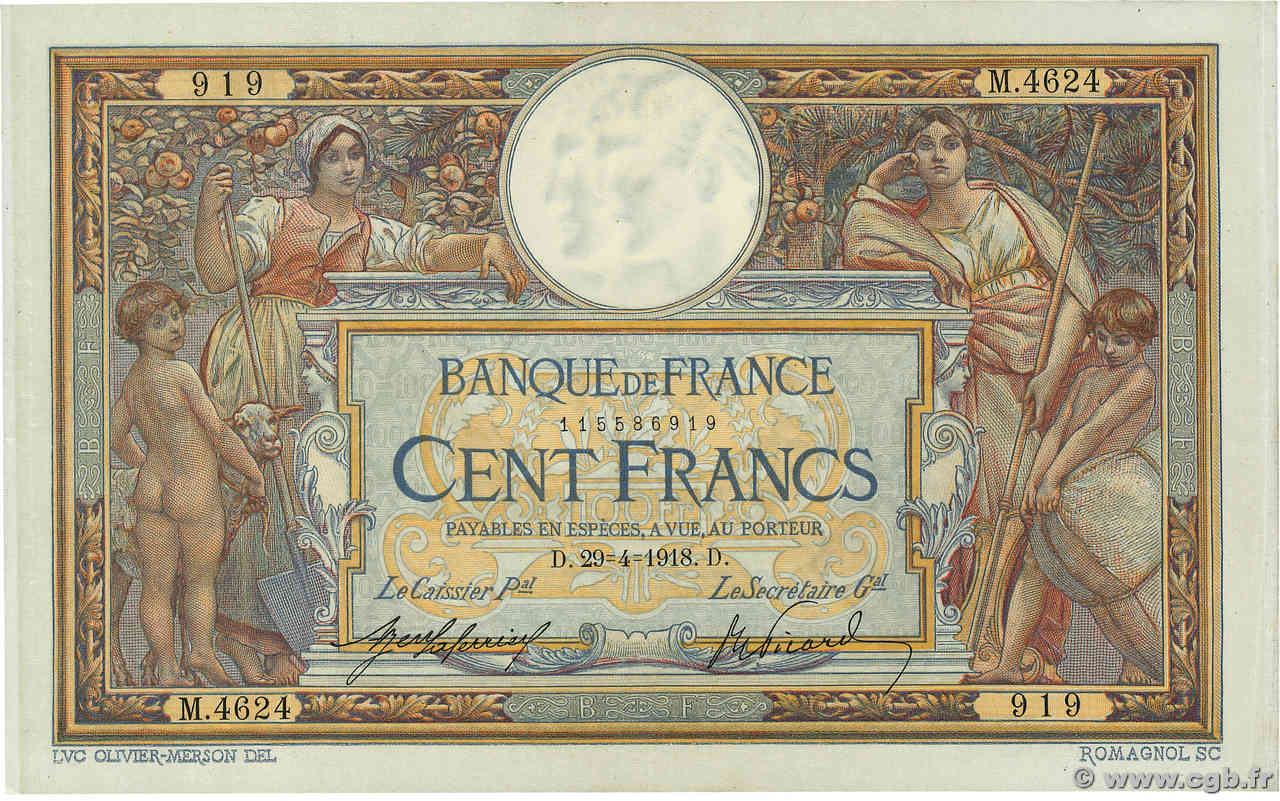 100 Francs LUC OLIVIER MERSON sans LOM FRANCE  1918 F.23.10 SUP