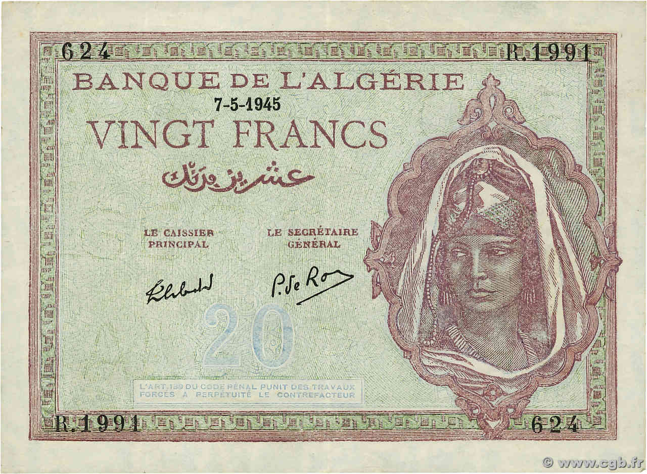 20 Francs ALGERIEN  1945 P.092b VZ