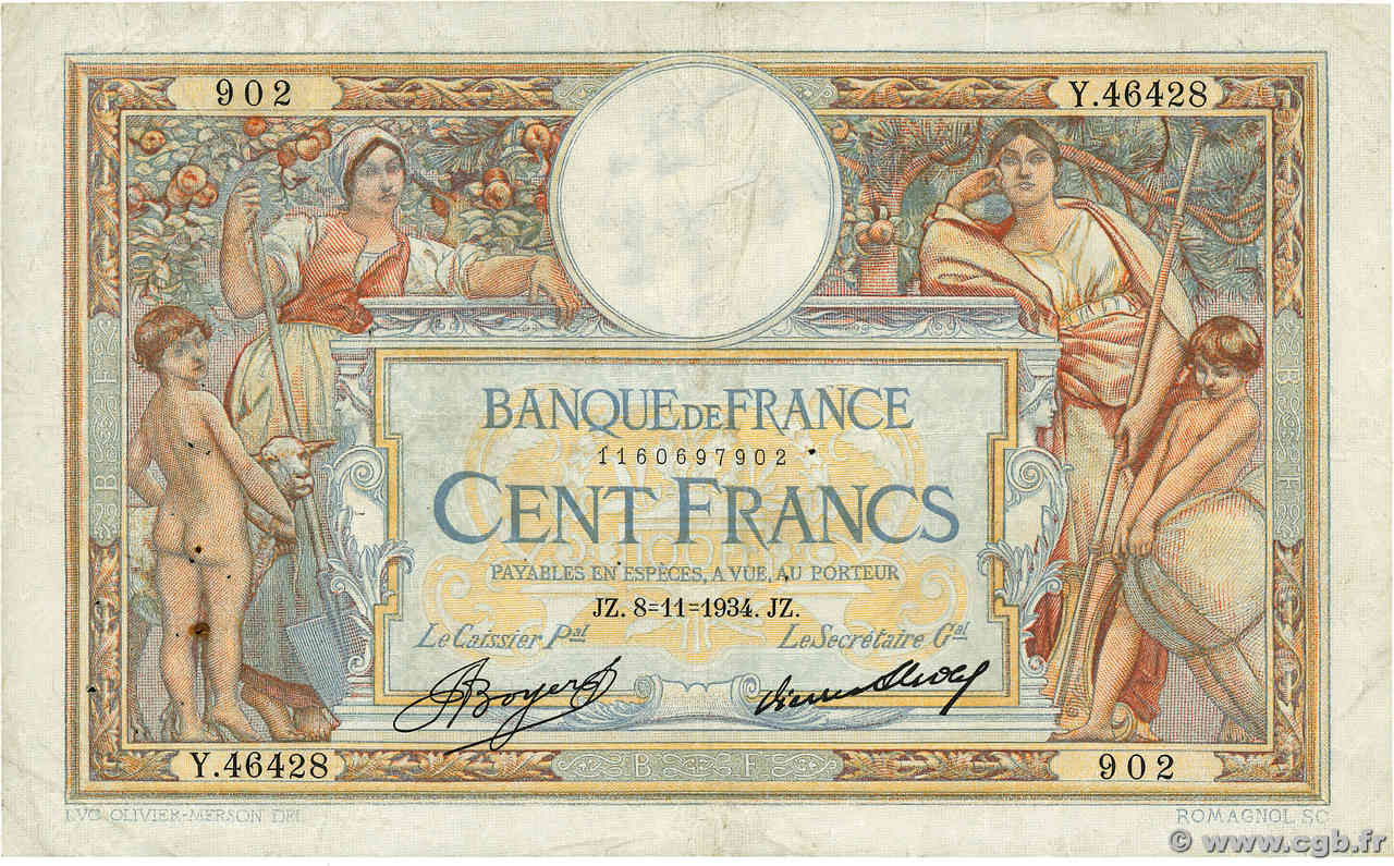 100 Francs LUC OLIVIER MERSON grands cartouches FRANCE  1934 F.24.13 TB