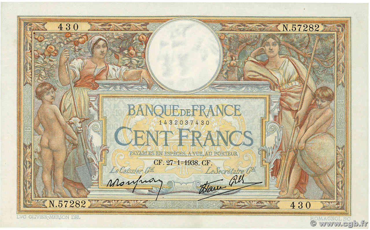 100 Francs LUC OLIVIER MERSON type modifié FRANCE  1938 F.25.09 XF+