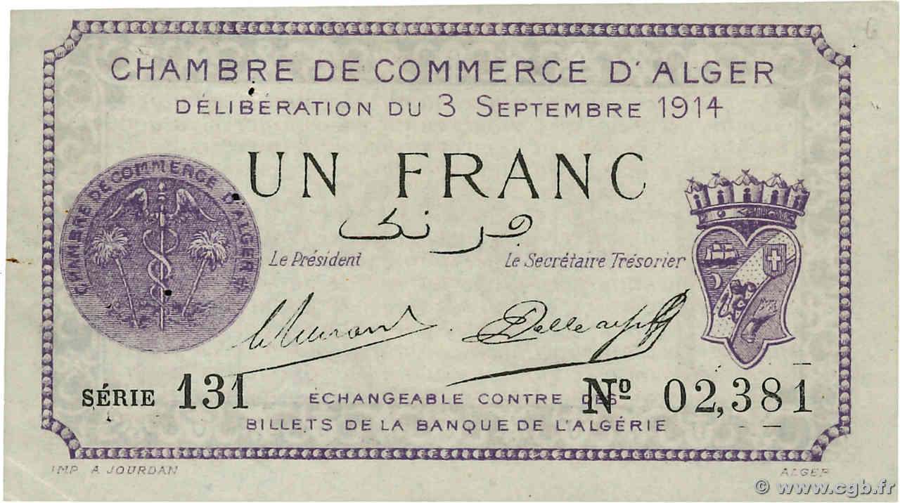 1 Franc ALGÉRIE Alger 1914 JP.137.01 SUP