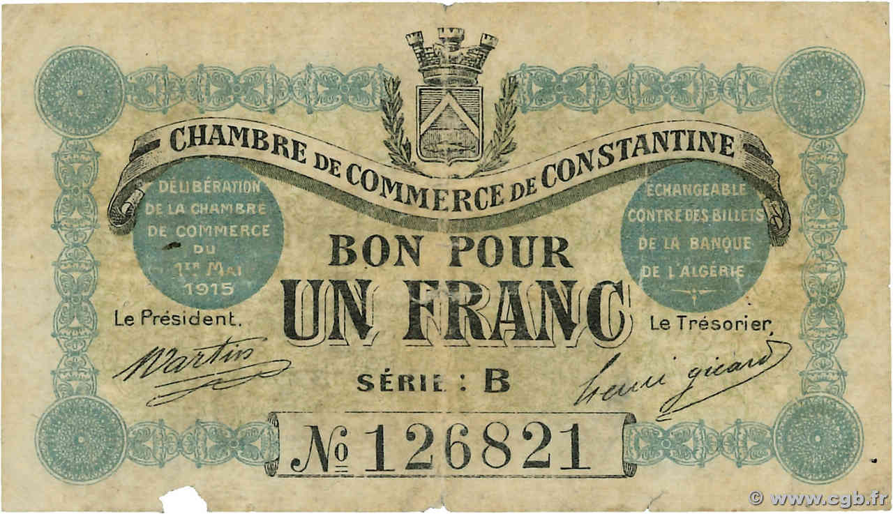 1 Franc ALGERIEN Constantine 1915 JP.140.04 SS