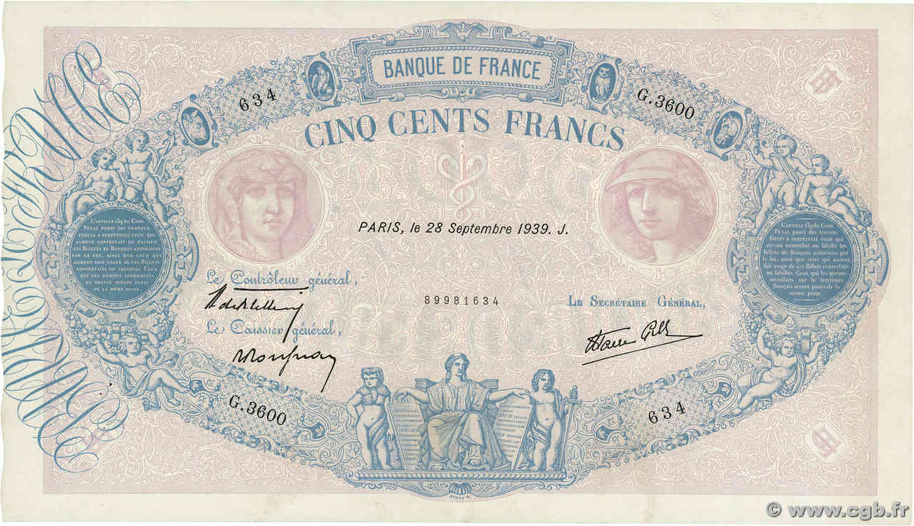 500 Francs BLEU ET ROSE modifié FRANCE  1939 F.31.41 XF