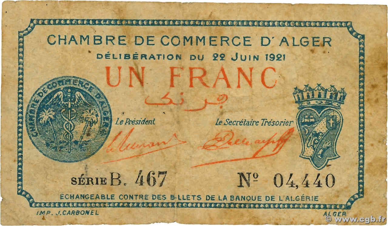 1 Franc ALGERIEN Alger 1921 JP.137.22 S