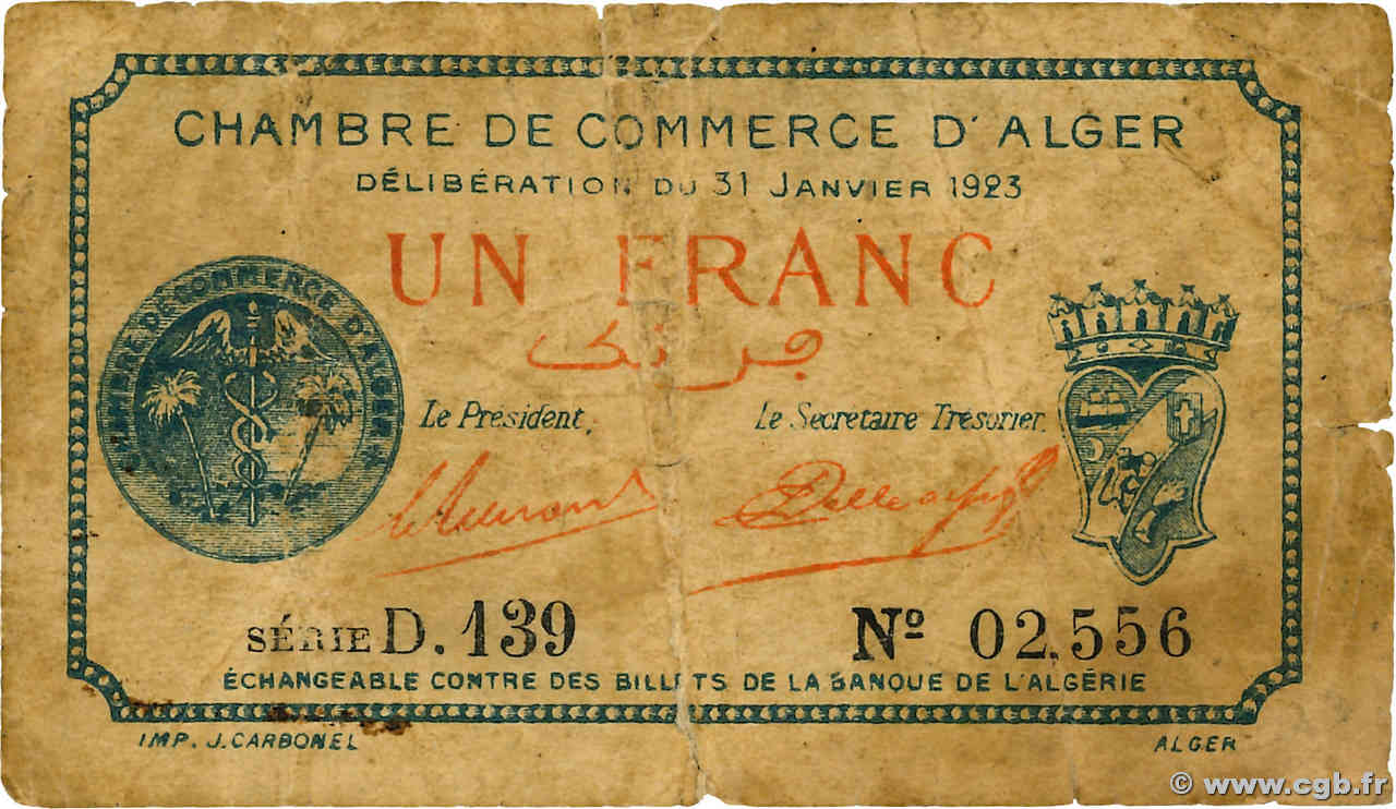 1 Franc ALGERIEN Alger 1923 JP.137.26 fS