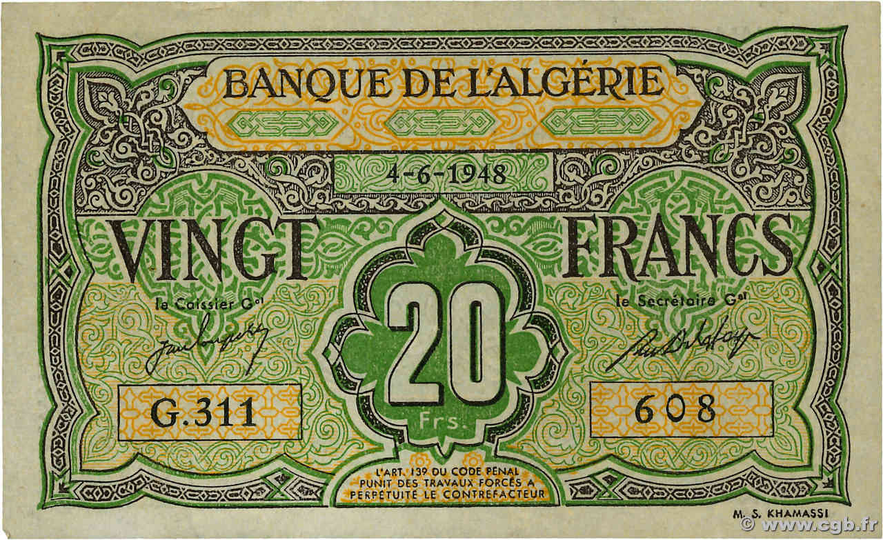 20 Francs ALGÉRIE  1948 P.103 TTB
