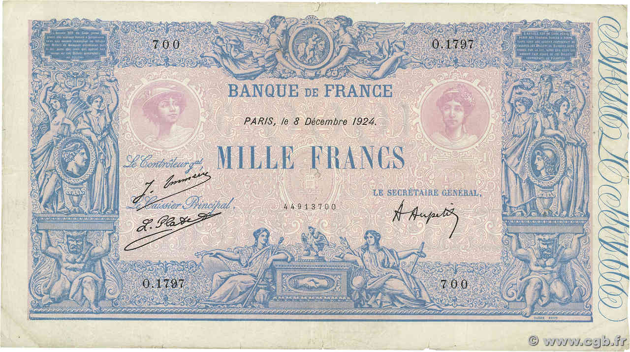 1000 Francs BLEU ET ROSE FRANKREICH  1924 F.36.40 S