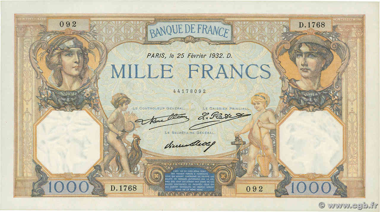 1000 Francs CÉRÈS ET MERCURE FRANKREICH  1932 F.37.07 fST