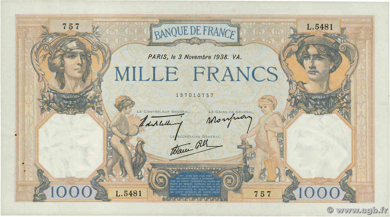 1000 Francs CÉRÈS ET MERCURE type modifié FRANKREICH  1938 F.38.32 VZ+