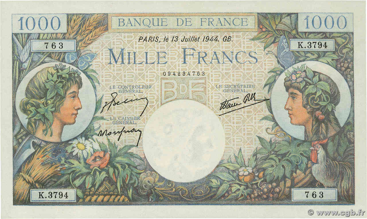 1000 Francs COMMERCE ET INDUSTRIE FRANCIA  1944 F.39.11 SC+