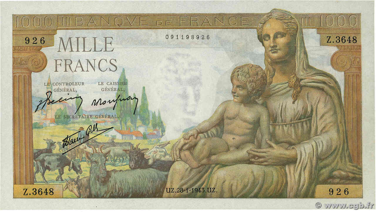 1000 Francs DÉESSE DÉMÉTER FRANCIA  1943 F.40.17 FDC