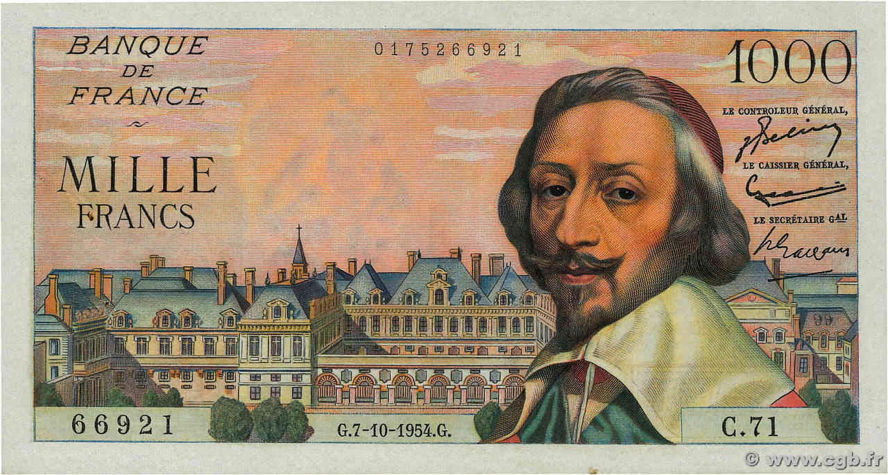 1000 Francs RICHELIEU FRANCE  1954 F.42.08 AU-