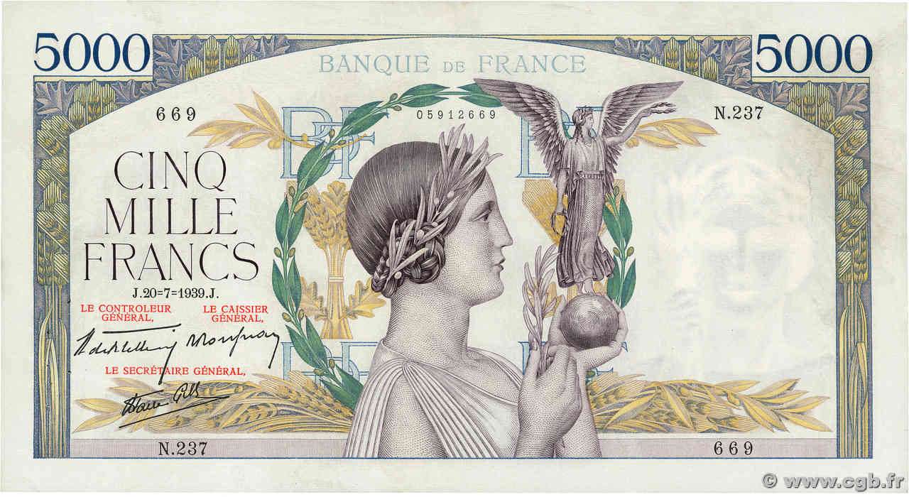 5000 Francs VICTOIRE Impression à plat FRANCE  1939 F.46.08 SUP+