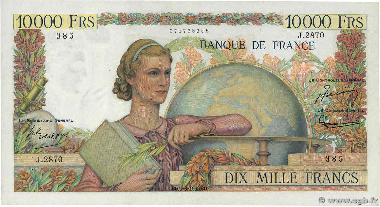 10000 Francs GÉNIE FRANÇAIS FRANCE  1952 F.50.59 TTB+