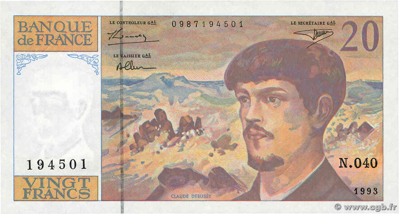 20 Francs DEBUSSY à fil de sécurité FRANCE  1993 F.66bis.04 UNC