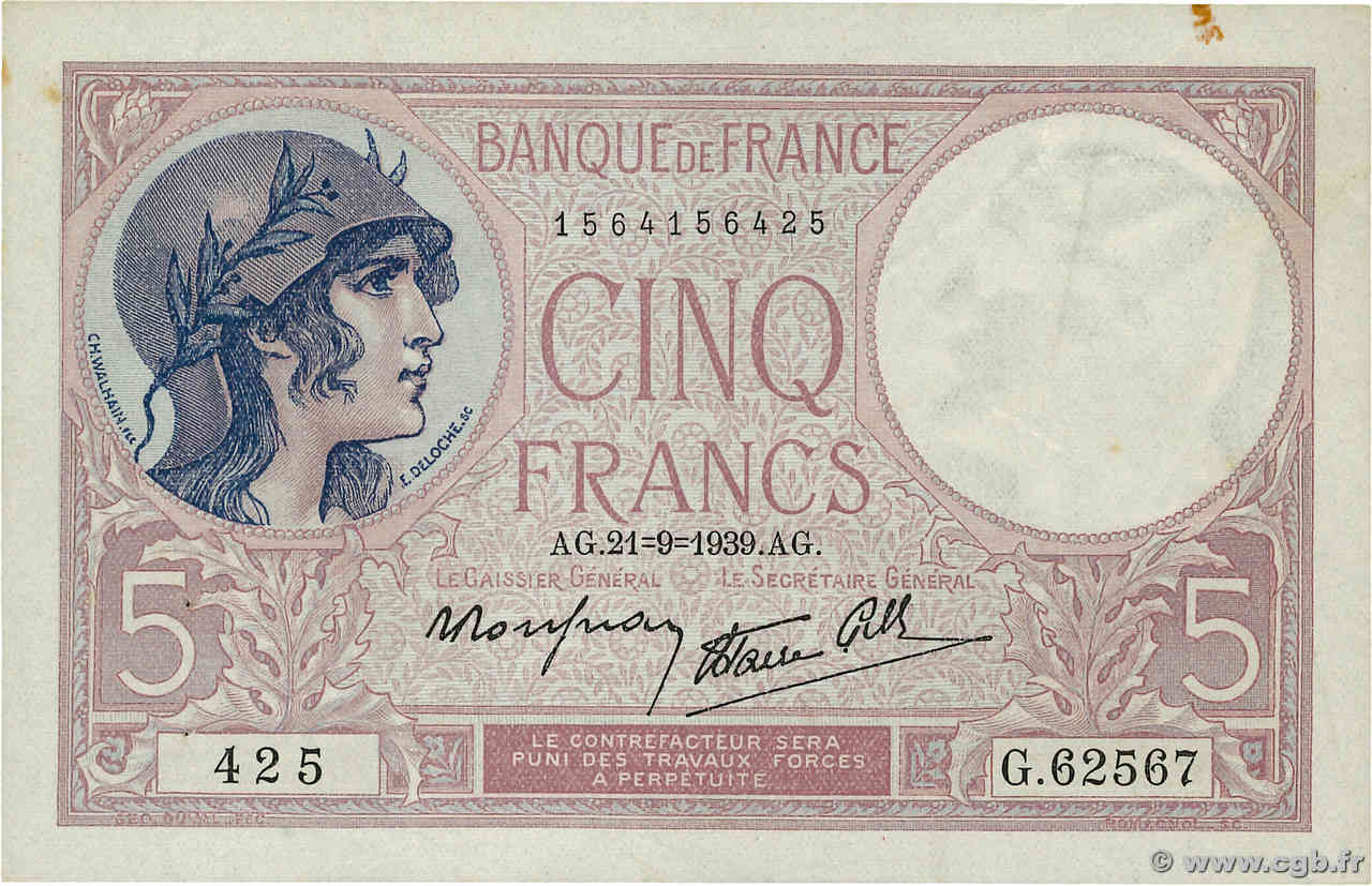 5 Francs FEMME CASQUÉE modifié FRANKREICH  1939 F.04.09 fVZ
