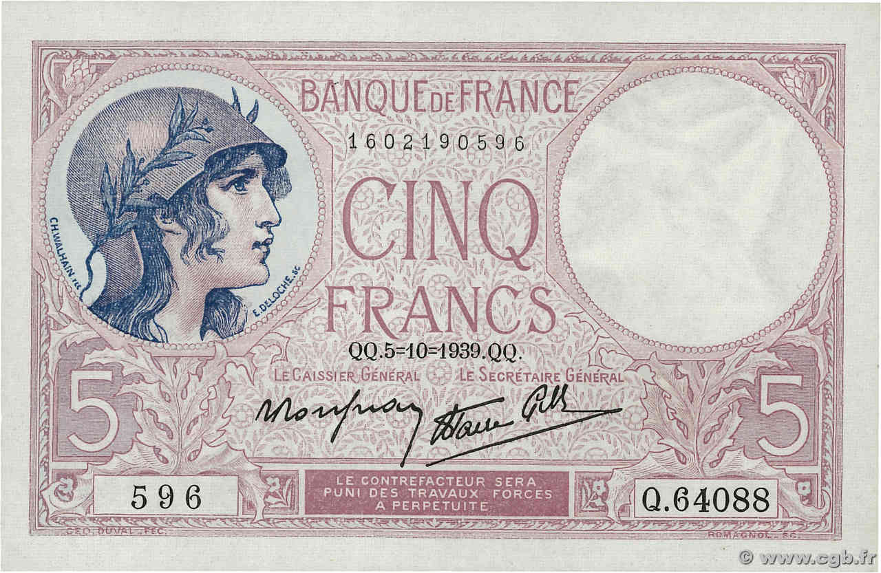 5 Francs FEMME CASQUÉE modifié FRANKREICH  1939 F.04.11 VZ+