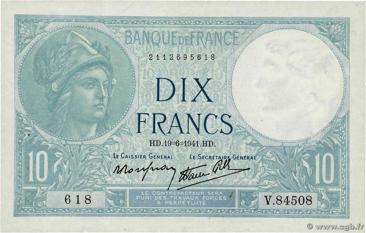 10 Francs MINERVE modifié FRANCE  1941 F.07.29 SUP+