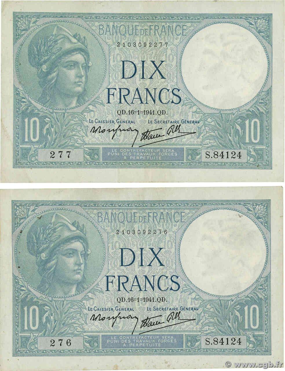 10 Francs MINERVE modifié Consécutifs FRANKREICH  1941 F.07.28 SS