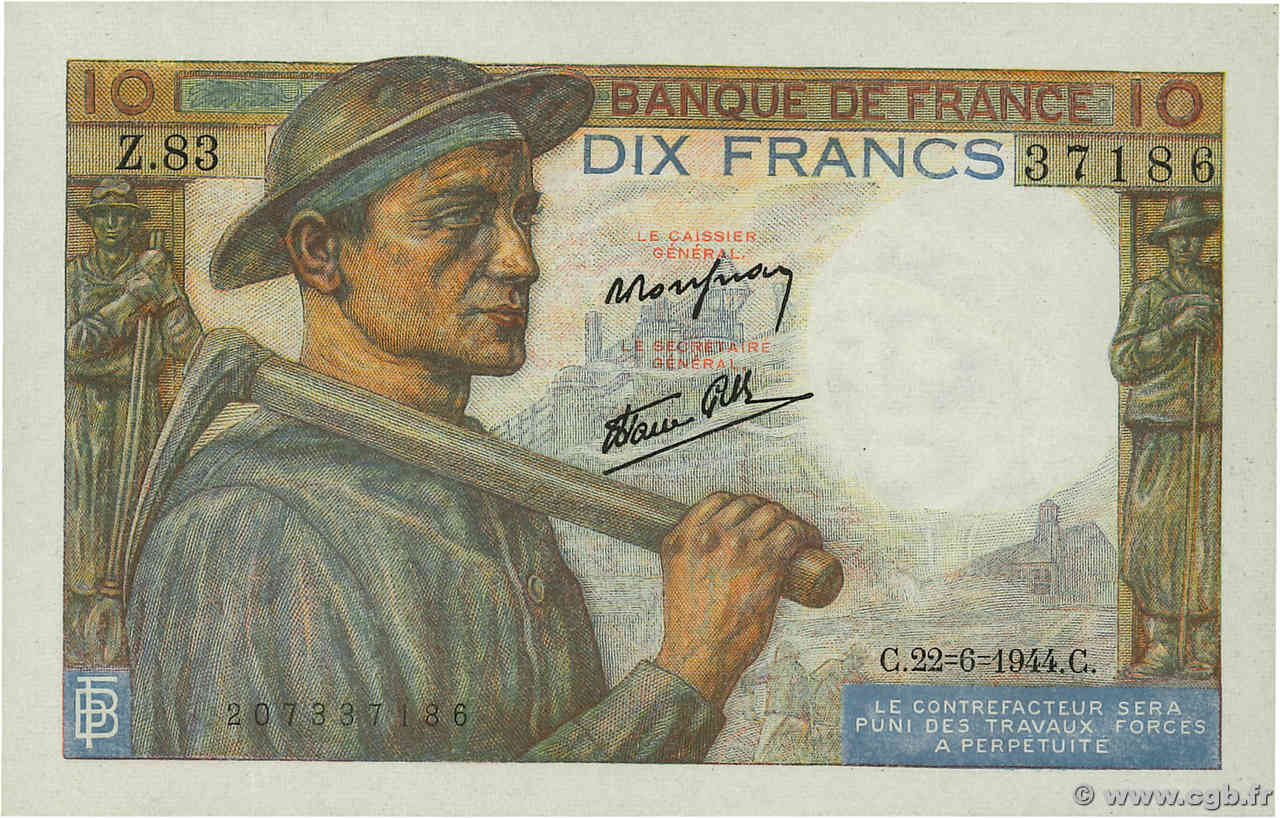 10 Francs MINEUR FRANKREICH  1944 F.08.12 ST