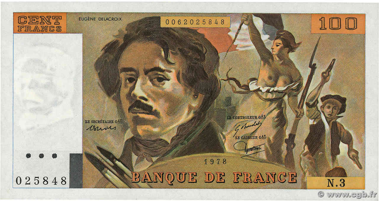 100 Francs DELACROIX FRANCE  1978 F.68.03 AU