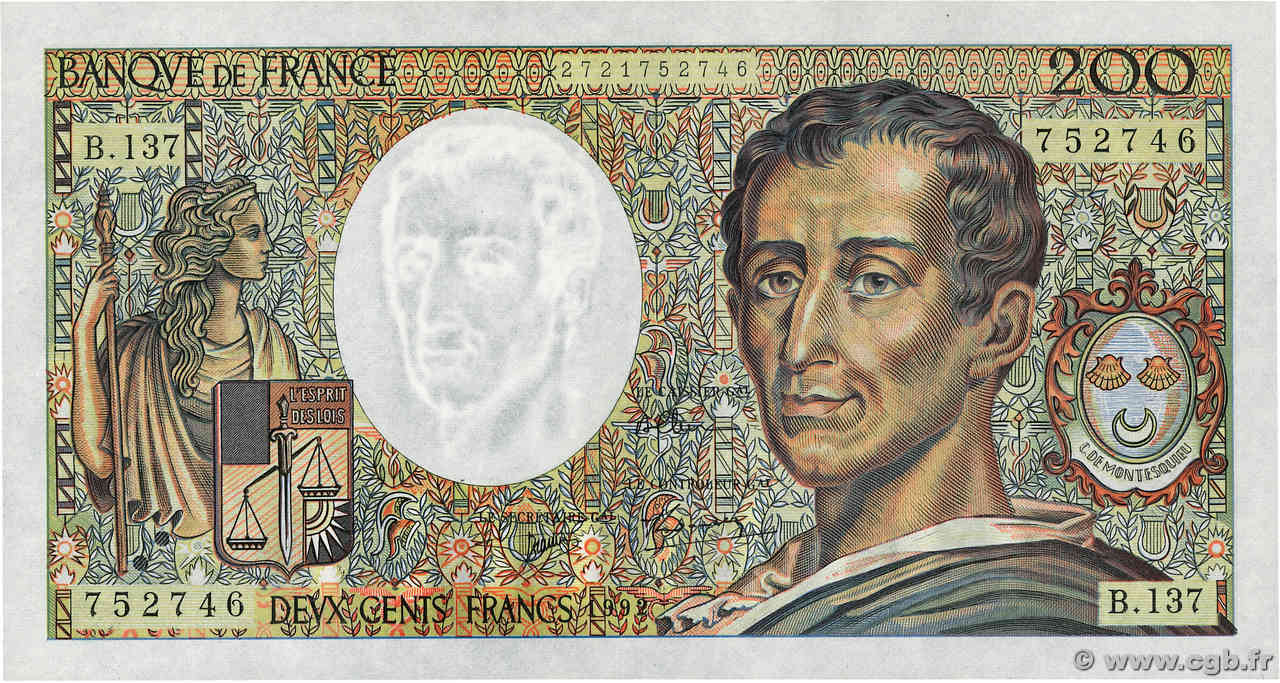 200 Francs MONTESQUIEU FRANCE  1992 F.70.12c SUP