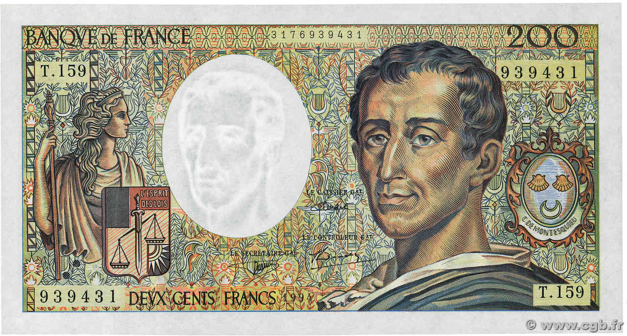 200 Francs MONTESQUIEU Modifié FRANCE  1994 F.70/2.01 NEUF