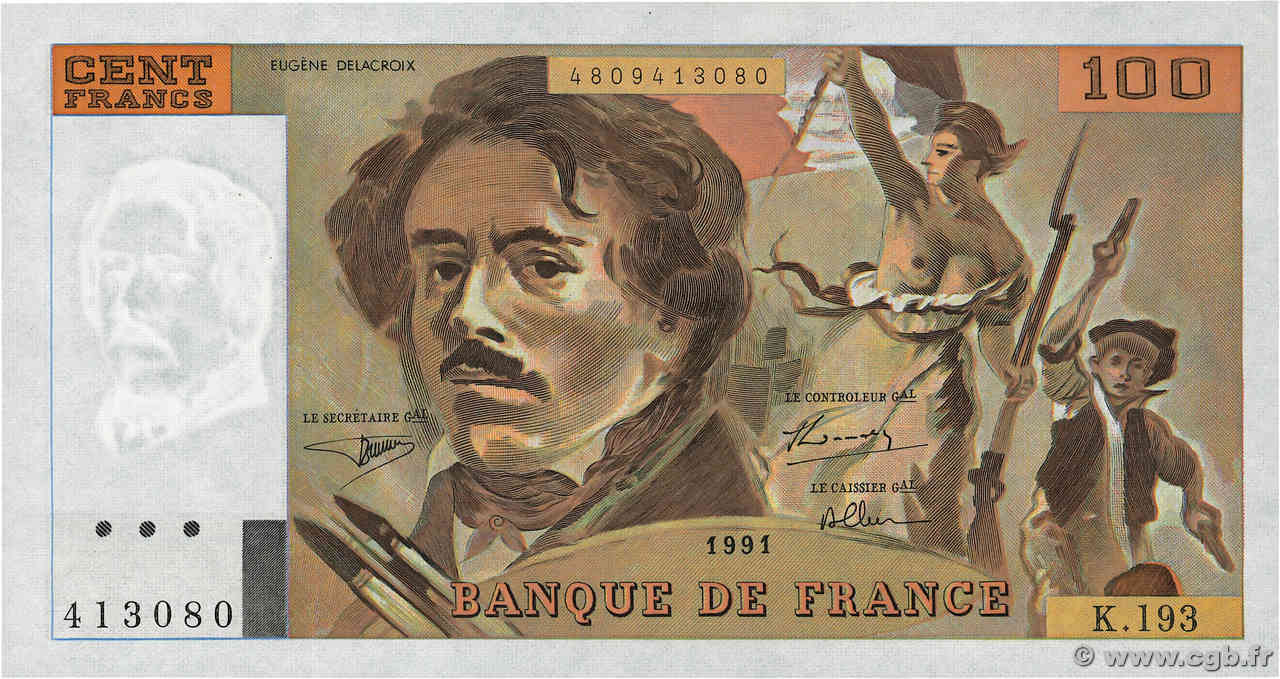 100 Francs DELACROIX imprimé en continu FRANKREICH  1991 F.69BIS.04a fST+