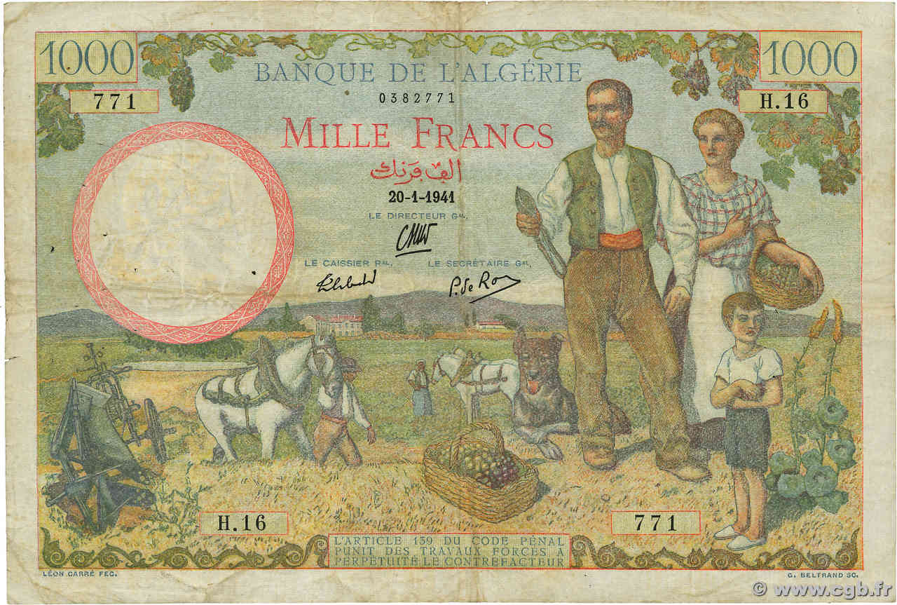 1000 Francs ALGÉRIE  1941 P.086 TB