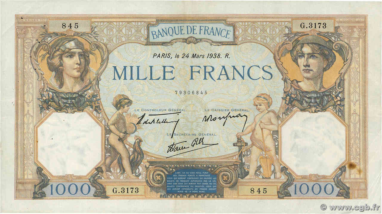 1000 Francs CÉRÈS ET MERCURE type modifié FRANKREICH  1938 F.38.09 SS