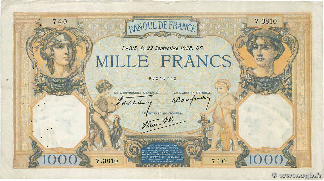 1000 Francs CÉRÈS ET MERCURE type modifié FRANKREICH  1938 F.38.27 S