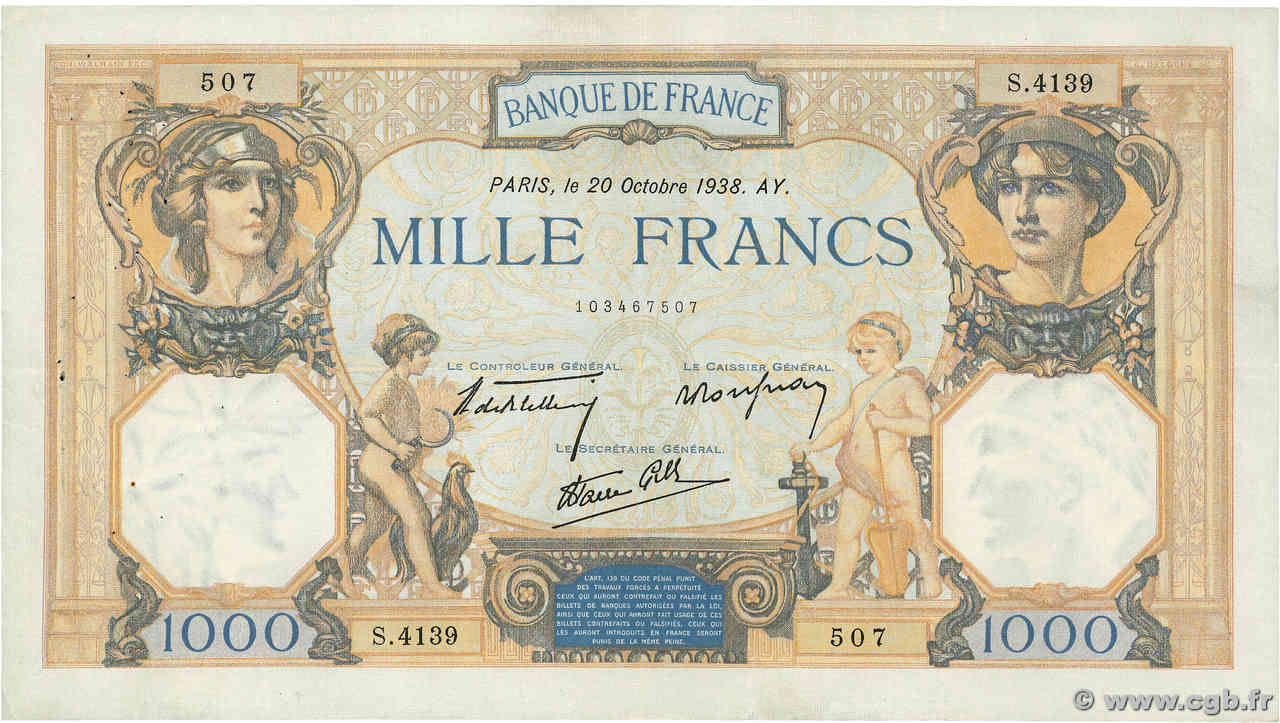 1000 Francs CÉRÈS ET MERCURE type modifié FRANCE  1938 F.38.30 TTB