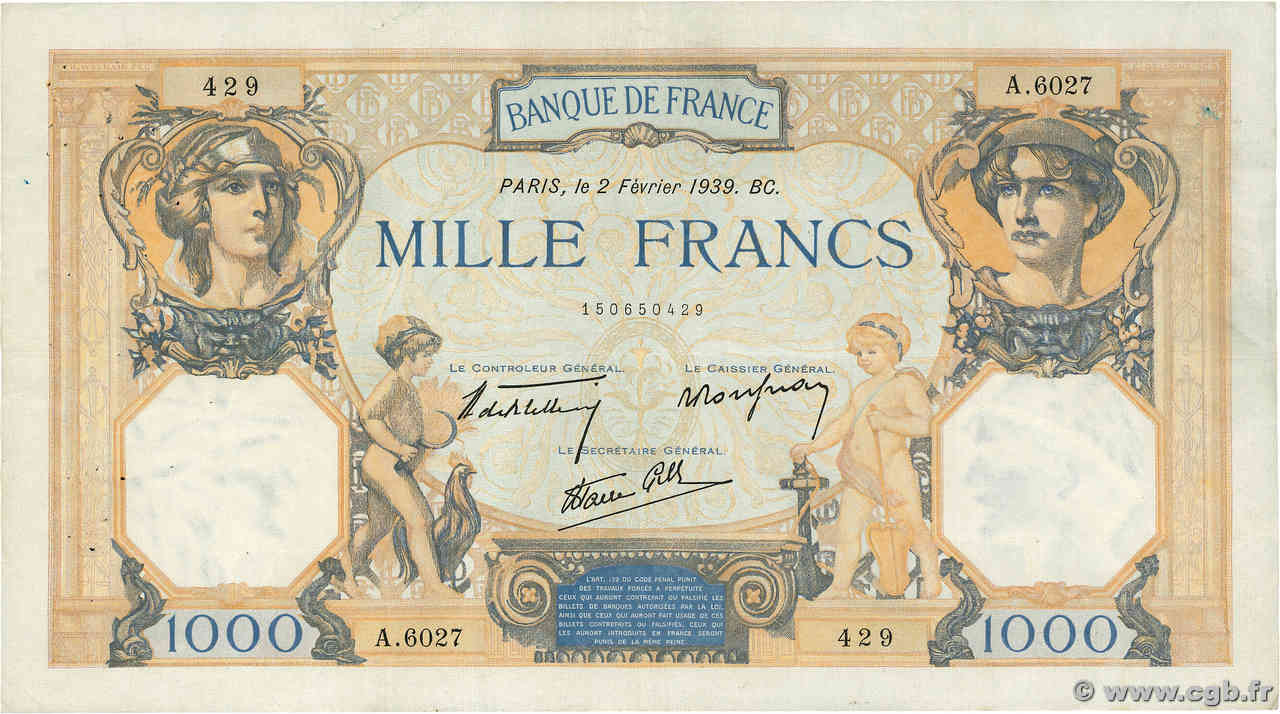 1000 Francs CÉRÈS ET MERCURE type modifié FRANCE  1939 F.38.34 VF