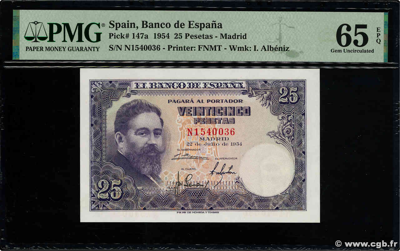 25 Pesetas SPANIEN  1954 P.147a ST