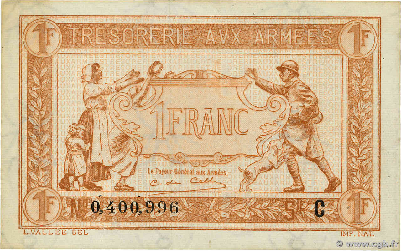 1 Franc TRÉSORERIE AUX ARMÉES 1917 FRANCE  1917 VF.03.03 SUP+