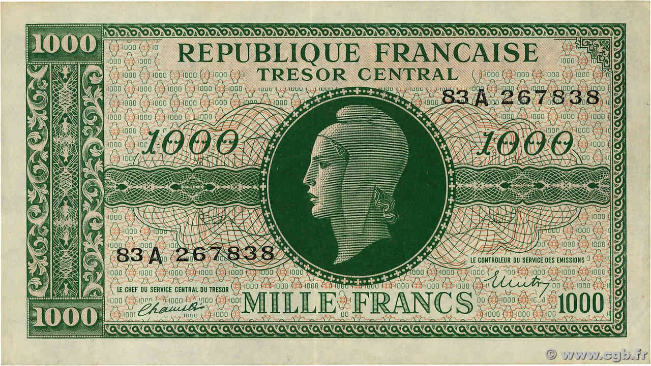 1000 Francs MARIANNE BANQUE D ANGLETERRE FRANCE  1945 VF.12.01 SUP