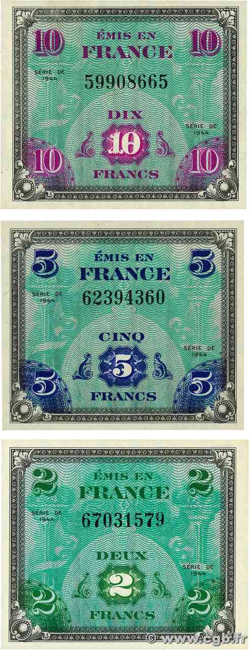 2 à 10 Francs DRAPEAU Lot FRANCE  1944 VF.16/17/18.01 UNC