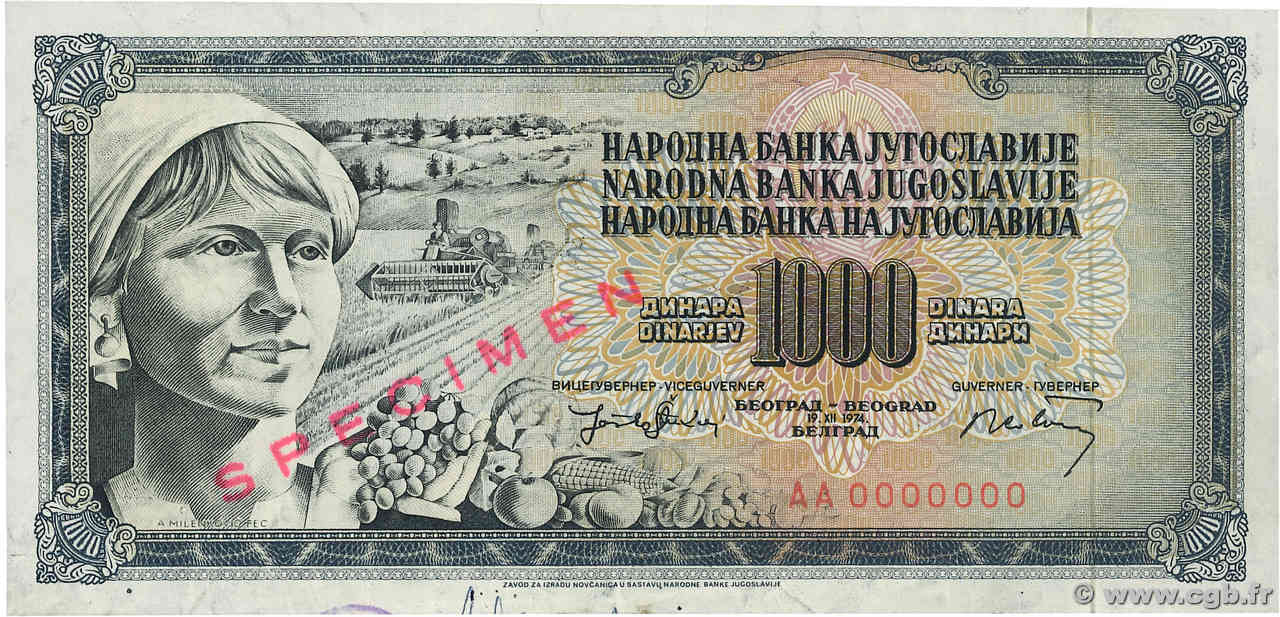 1000 Dinara Spécimen YUGOSLAVIA  1974 P.086s q.SPL